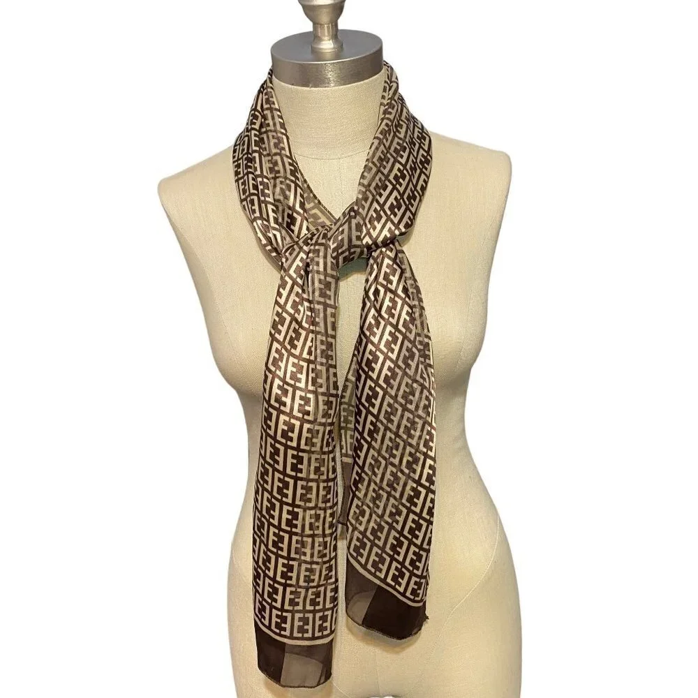 Donna Brown‎ & Tan Print Chiffon & Polyester Satin Scarf 13